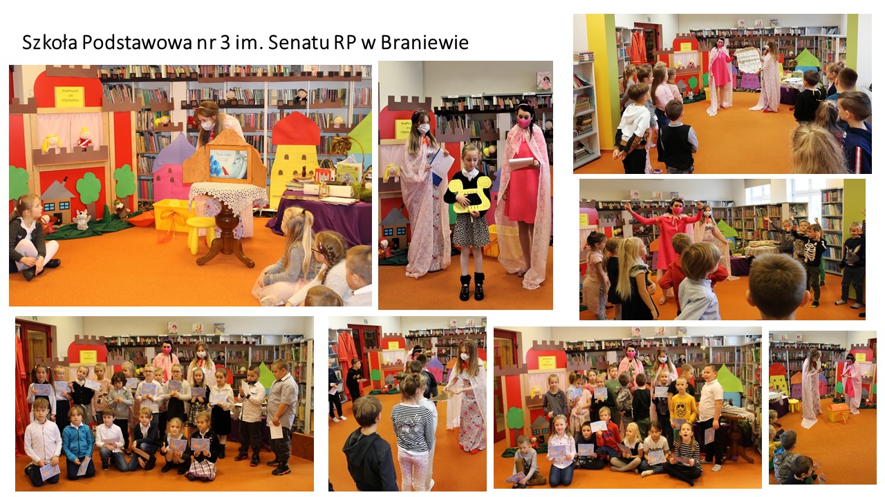 kolaż fotografii z uroczystości pasowania na czytelnika - dzieci z SP3 w bibliotece