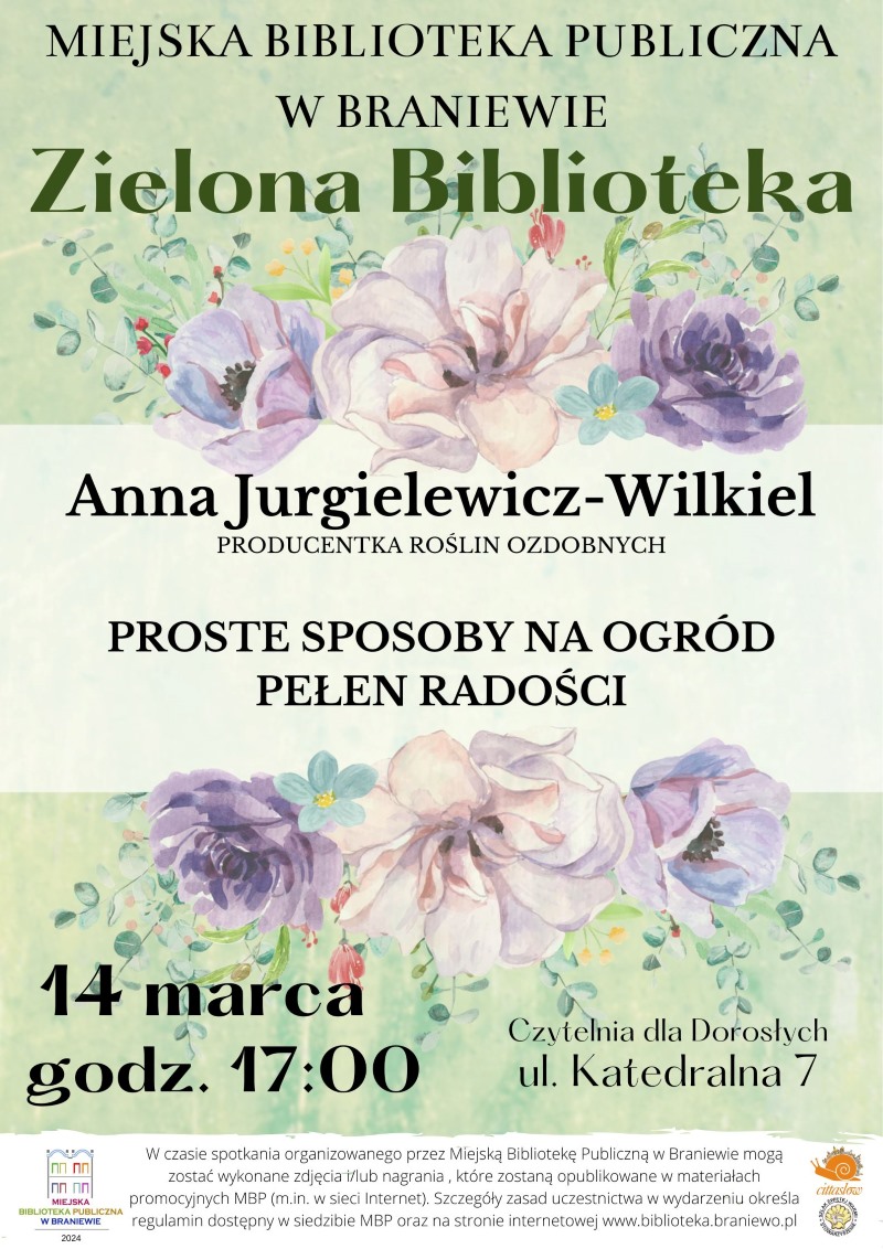 na plakacie informacje o spotkaniu oraz kwiaty fioletowe zielone tło