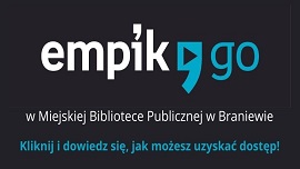 grafika przedstawia logotyp aplikacji EMPIK GO, biało niebieski napisy na czarnym tle