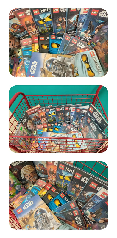 Na fotografii koszyk książeczek na temat Lego