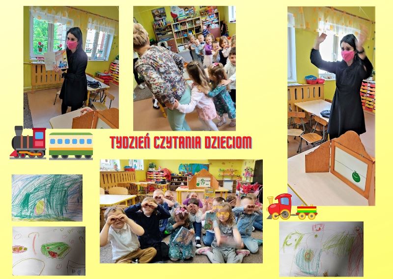 Kolaż zdjęć, na których znajdują się uczniowie braniewskich szkół, podczas Tygodnia Czytania Dzieciom