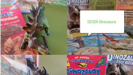Kolaż zdjęć przedstawiających książkiz dinozaurami i figurkę dinozaura