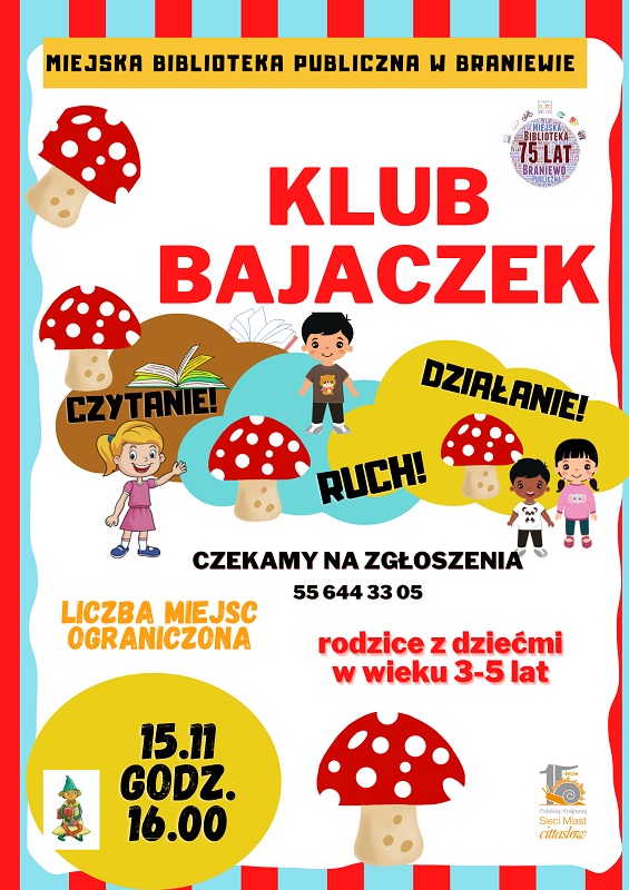 plakat informujący o spotkaniu dla dzieci w wieku 3-5 lat oraz ich rodziców, które odbędzie się 15 listopada o godzinie 16 w oddziale dla dzieci. 