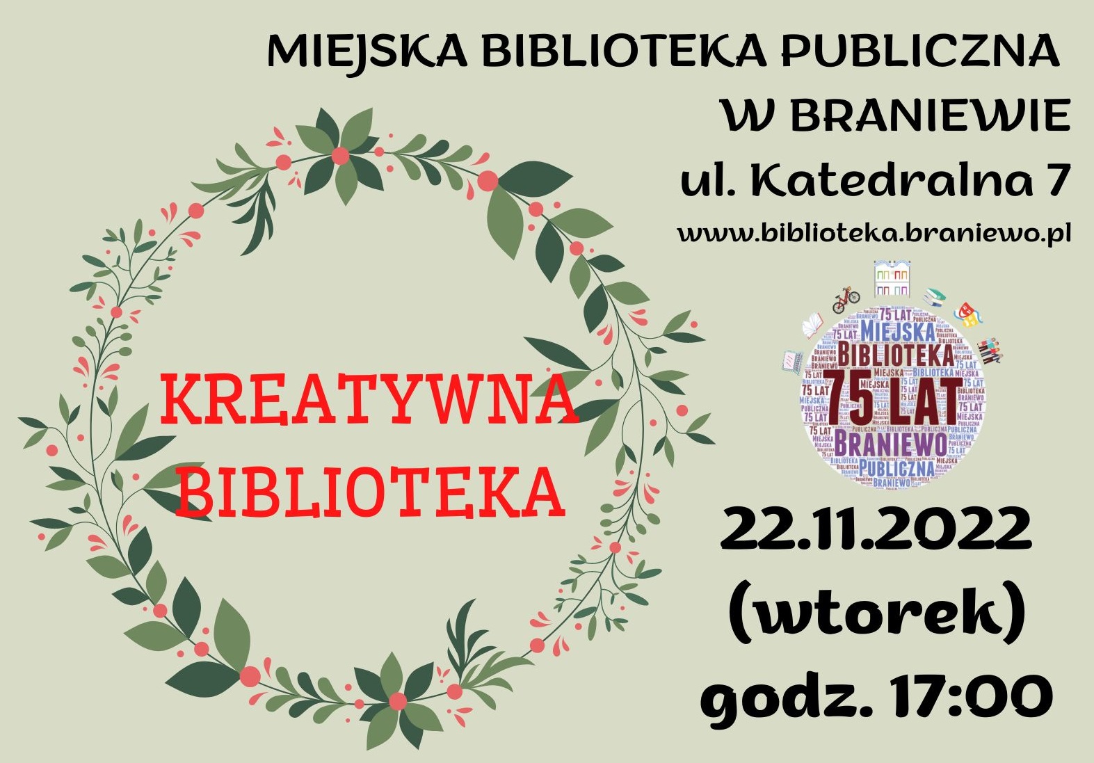 plakat informujący o warsztatach z cyklu Kreatywna Biblioteka, które odbędą się 22 listopada o godz. 17:00. Tematem spotkania będzie dekorowanie pierników. 