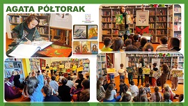 kolaż zdjęć przedstawiających ilustratorkę Agatę Półtorak i dzieci z braniewskich szkół podstawowych