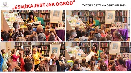 Kolaż zdjęć przedstawiających wiceburmistrza Miasta Braniwa Panią Annę Kapustę czytającą braniewskim przedszkolakom. 