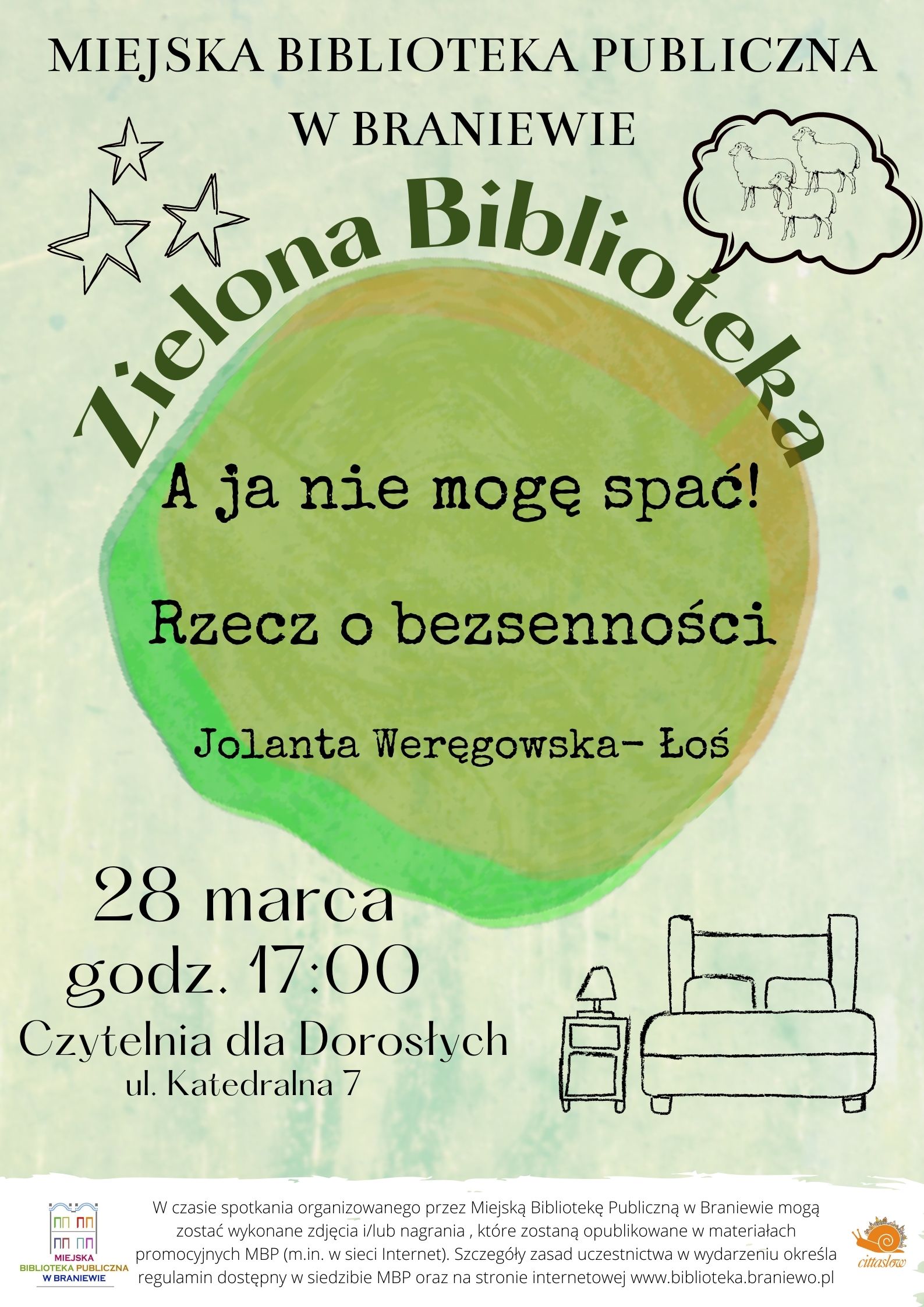 plakat informujący o zielonej bibliotece spotkanie z jolanta weręgowską Łoś